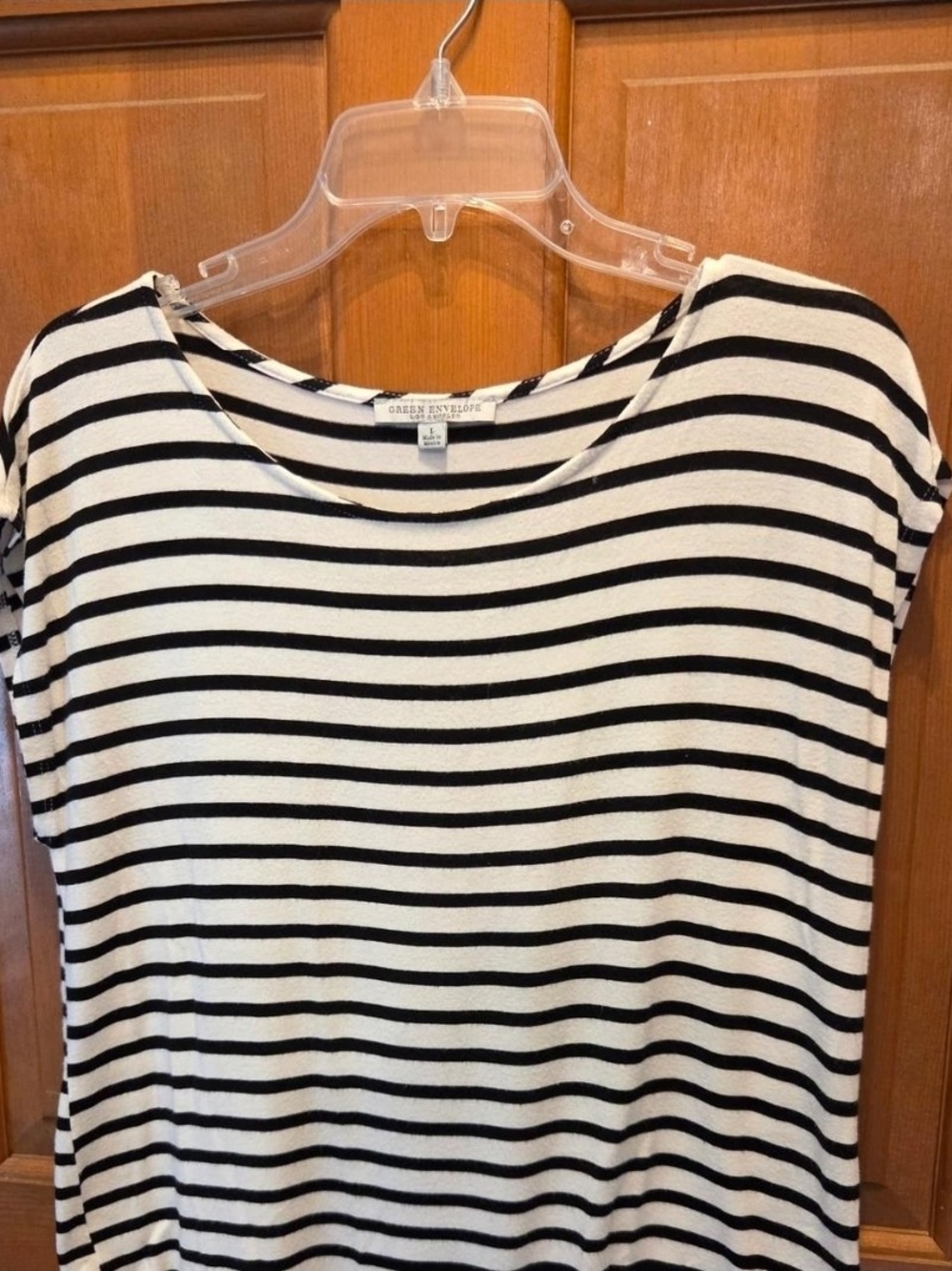 Green Envelope Black and White Striped Short Sleeve Tee